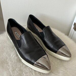 Miu Miu | Black Leather Metal Cap Toe Slip On Sneaker Shoes |  39